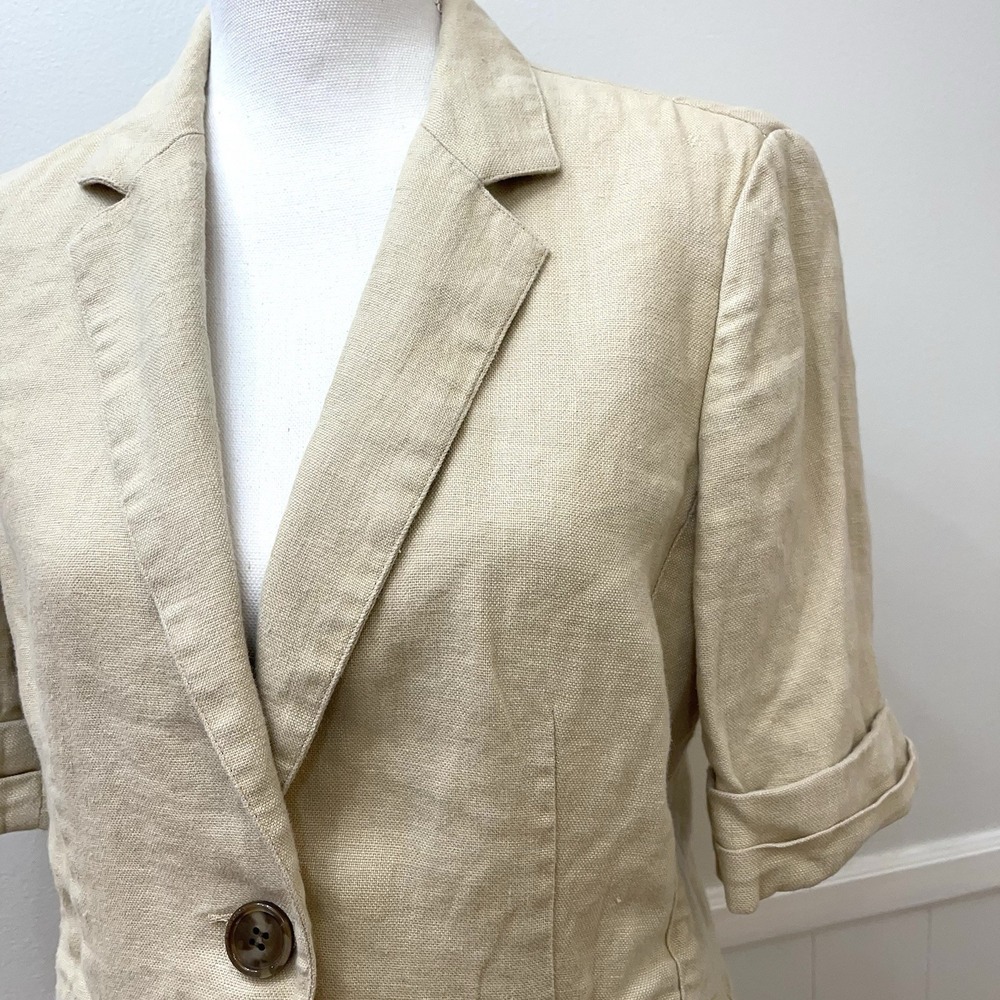 Cabi Women's Short Sleeve Linen Safari Style Jacket Button Pockets Med Tan Khaki